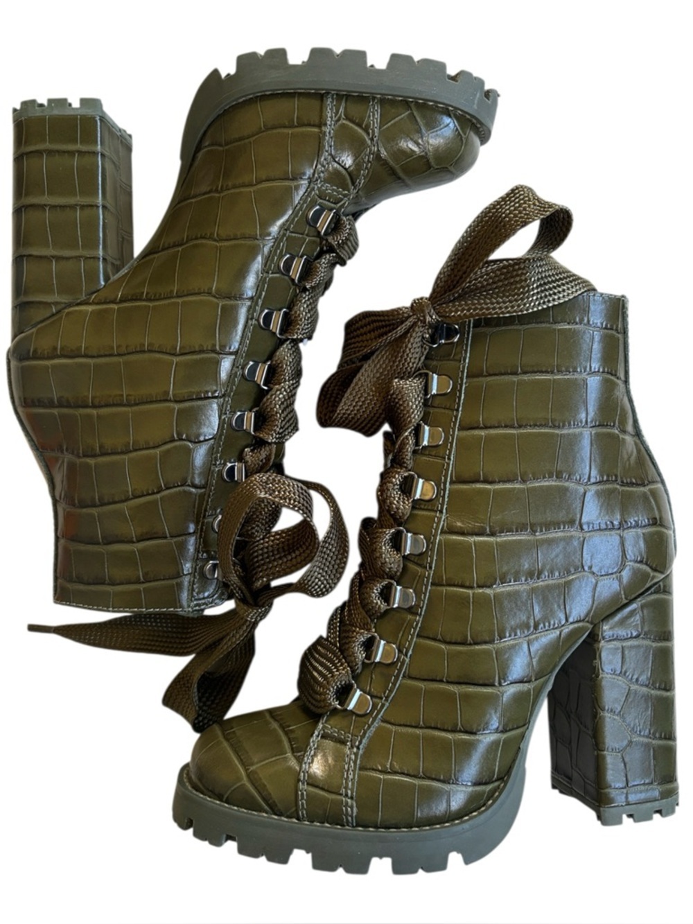 EUC SCHUTZ Leather Croc Embossed Heeled Boots Green Size 7.5